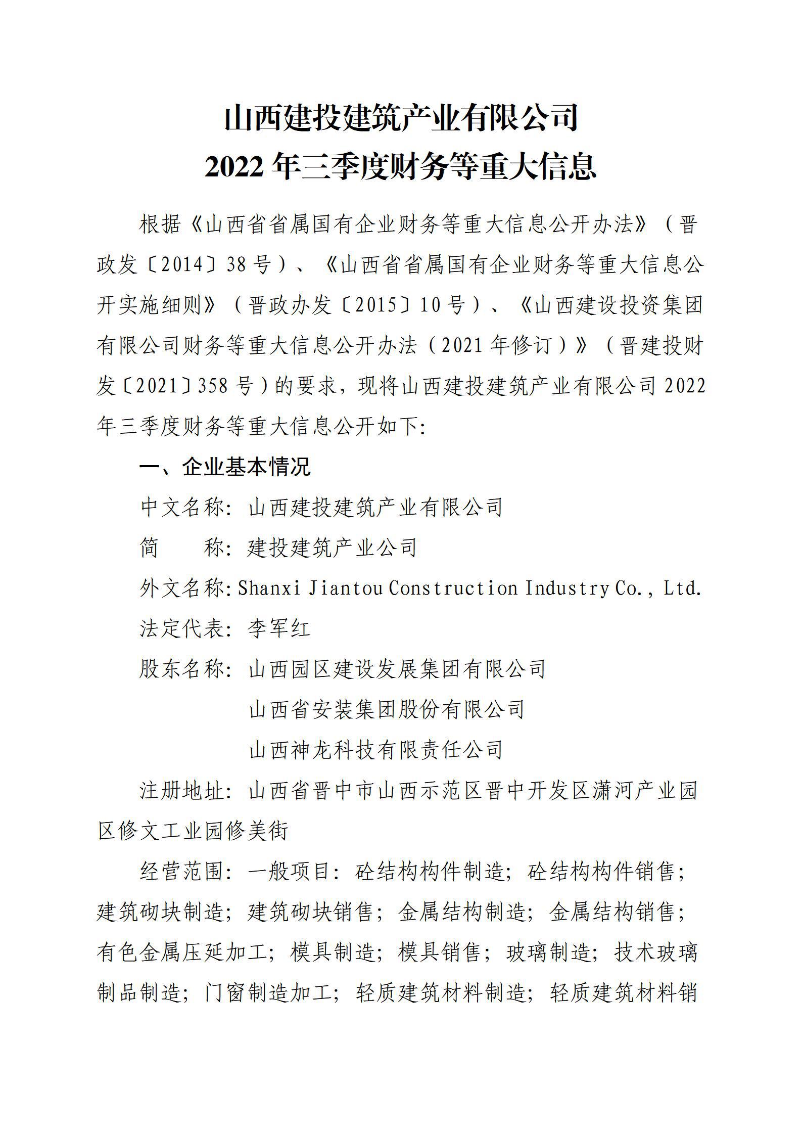 山西建投建筑产业有限公司2022年三季度财务等重大信息